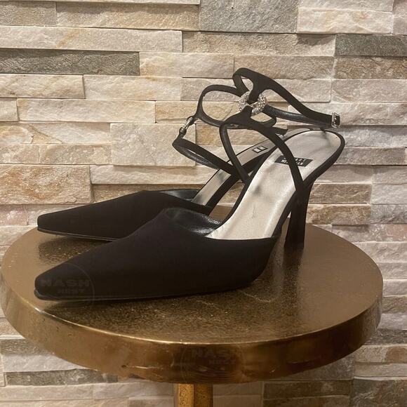 Stuart Weitzman 7 Black Satin Strappy Heels | Rhinestone Circle, Spain Y2K - Picture 3 of 13